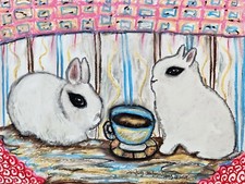 CONEJO HOTOT ENANO con Café Original 9x12 Pintura al Óleo Pastel KSams Caprichoso