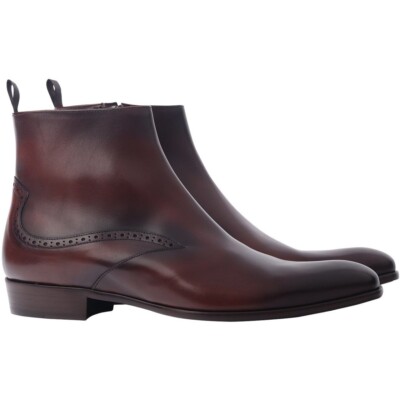Men Brown Leather Ankle Boots With Zip Closure, Men Ankle