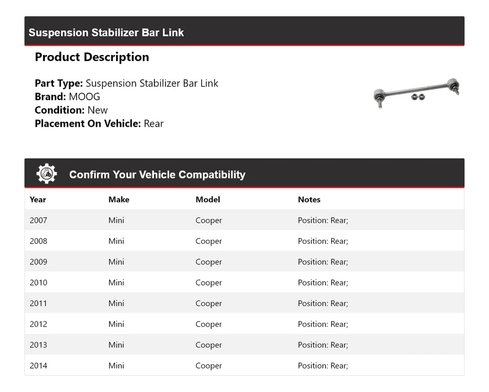 Barra estabilizadora de suspensión trasera MOOG 2007-2014 Mini Cooper 2007-2014 Foto 2 de 4
