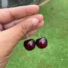 Dark Red Cherry Dangle Earrings, Gold Tassel Fruit Drop Earrings Gift For Women