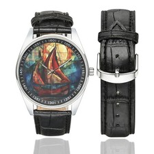 Stained Glass Sailing Boat Watch with Black Leather Band For Adult