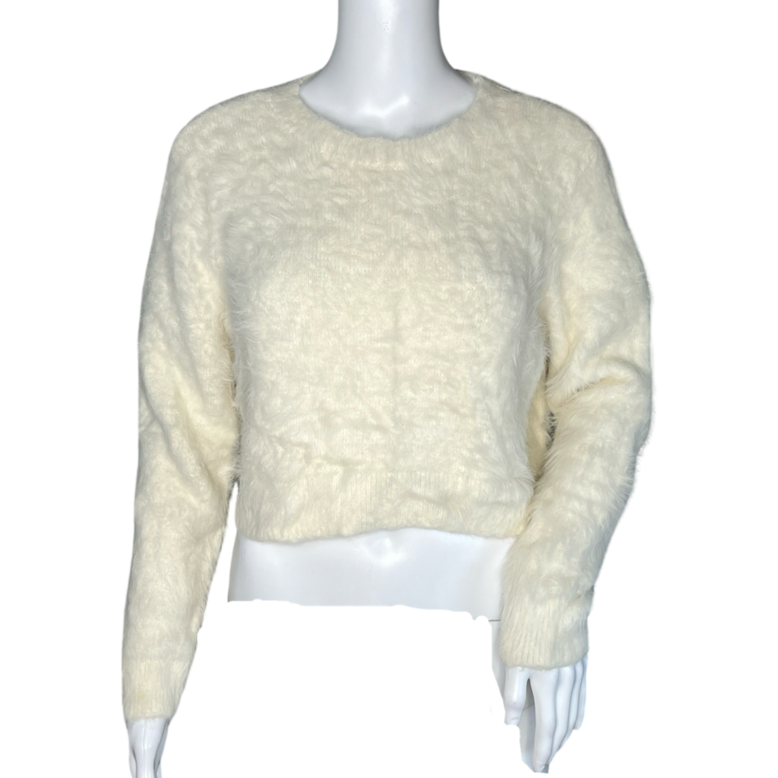 Kendall & Kylie Womens Cream Fuzzy Cropped Knit Sweater Small Cozy Neutral Soft