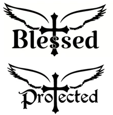 Blessed & Protected by the Cross Two 7" Black Vinyl Decals Car Truck Windows