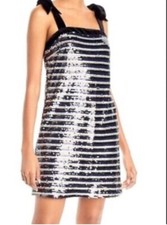 Aqua Sequined Striped Lined Dress Silver Party Cocktail Event Mini Small NYE