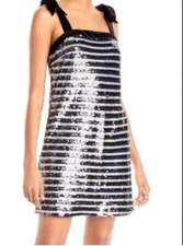 Aqua Sequined Striped Lined Dress Silver Party Cocktail Event Mini Small NYE