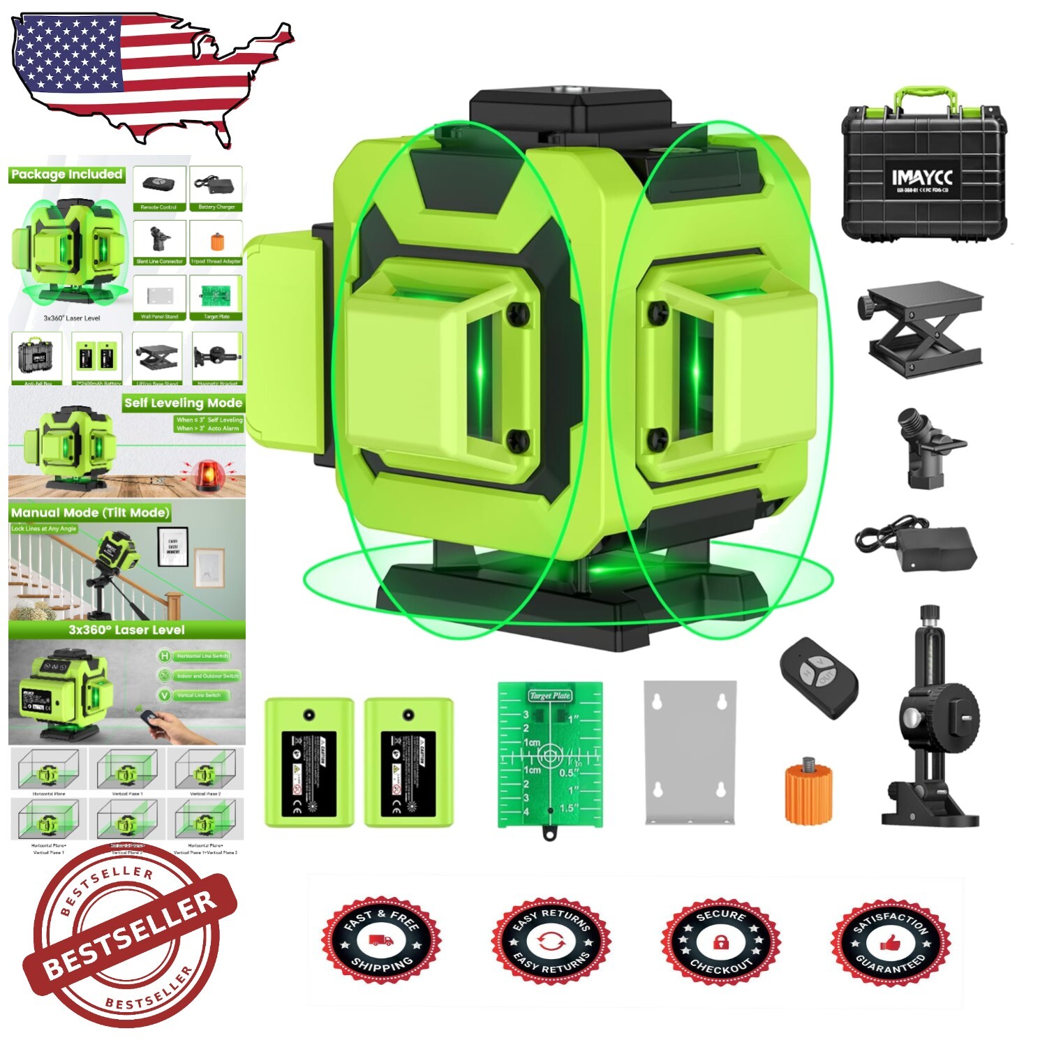 Precision 3x360 Laser Level - 12 Green Lines with Rechargeable Battery & Remote
