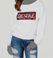  69 Guess Women's White Long Sleeve Boat Neck Sequin Desire Sweatshirt Size S