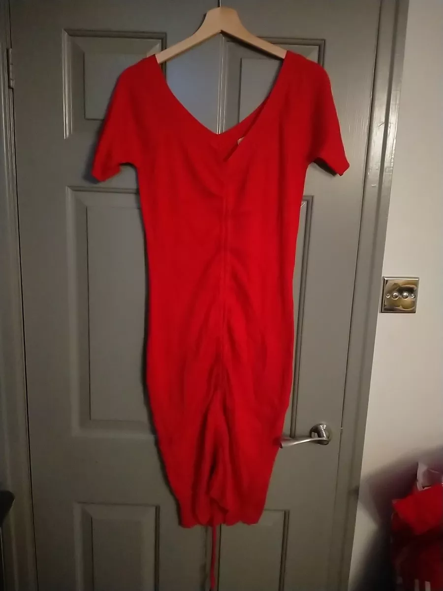 Simply Be Red V Neck Ribbed Jumper Midi Dress Ruched Size 12 14 BNWT