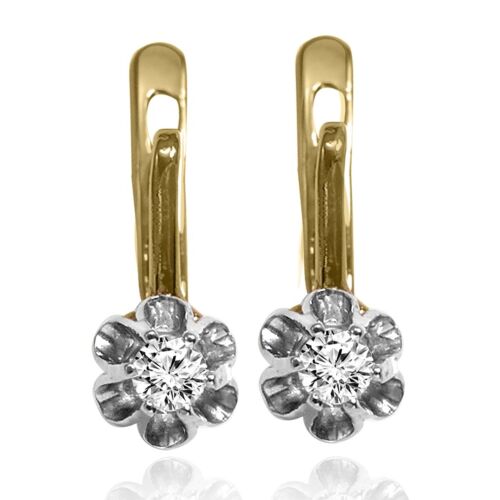 European Style Genuine Diamond Earrings in 14k Solid Yellow & White Gold #E1633 - Picture 1 of 5