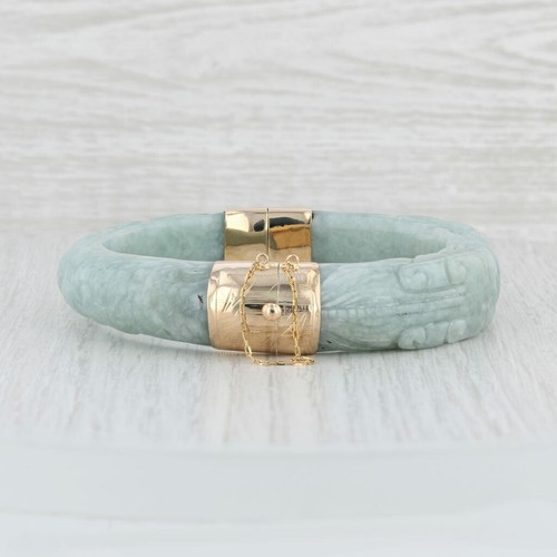 Tallado Jade Dragón Pulsera 14k Dorado Verde Jadeíta 7" Asiático Tendencia - Imagen 4 de 7