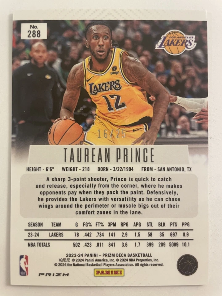 2023-24 Panini Deca Prizm /25 Mojo SSP Taurean Prince #288 Lakers - Image 2 of 2