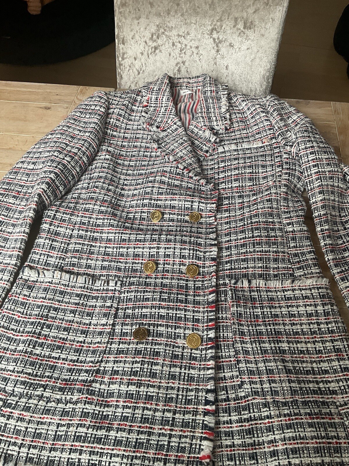 Thom Browne Double Breasted Tweed Jacket With Gold Button Details