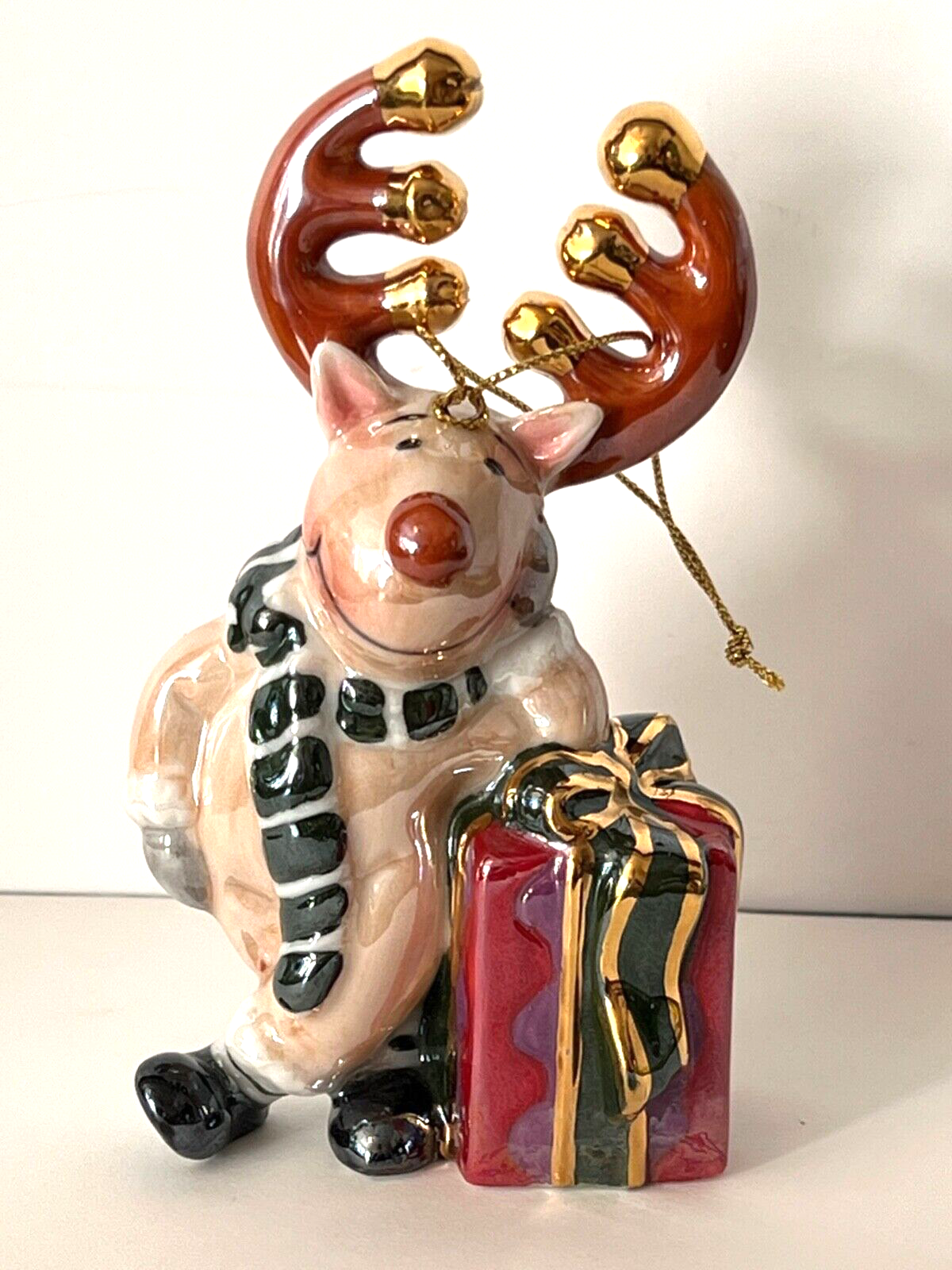 Christmas Reindeer Ornament  with Present Multicolor 4.5