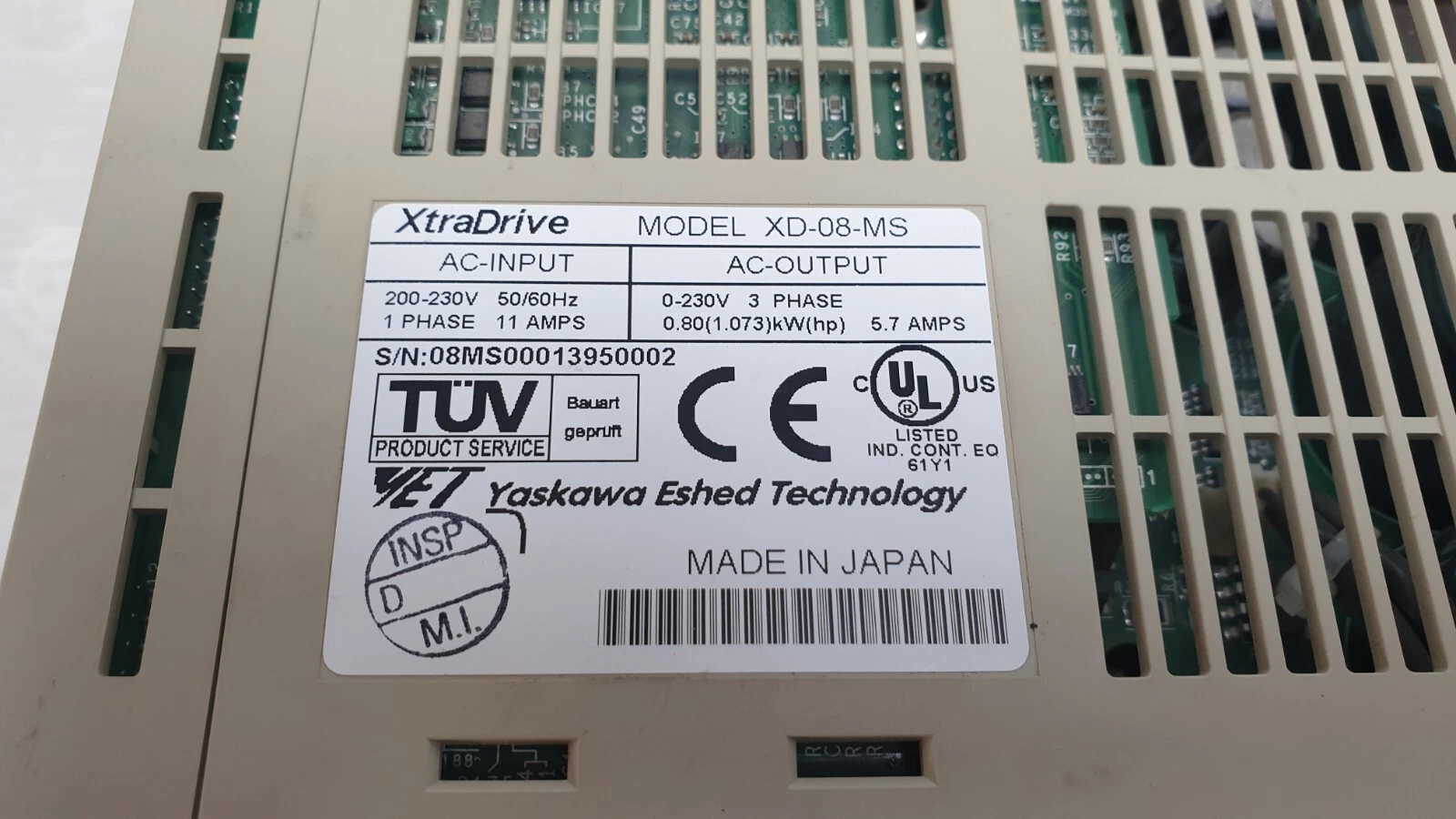 XtraDrive nameplate: model XD-08-MS, 200-230V 1-phase in, 0.80 kW 5.7 A out, Yaskawa Eshed Technology