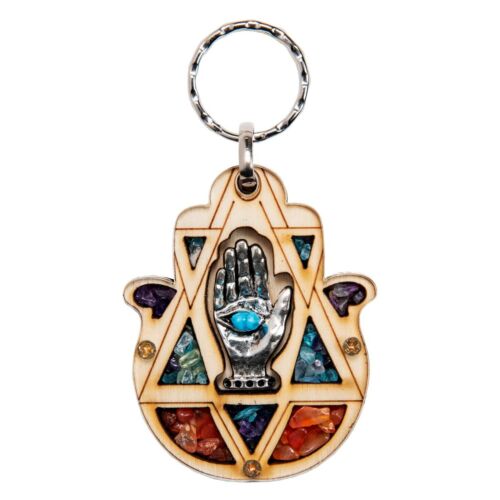 Hamsa Wooden Decorative Stones Judaica Star Of David Lucky Key Anneau Chain - Picture 1 of 1