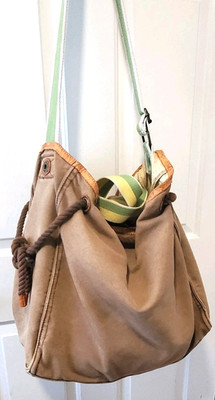 Vintage GAP Canvas Tote Bag Khaki Green & Yellow Straps with Leather Trim 