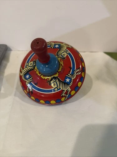 Vintage Ohio Art Metal Spinning Top Wood Handle Litho Tin Toy Zebra Circus 5”