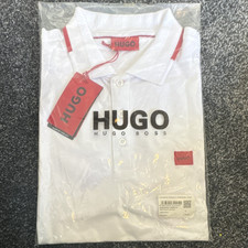 HUGO Men’s Polo Shirt M White Logo Print Short Sleeve Collared Button
