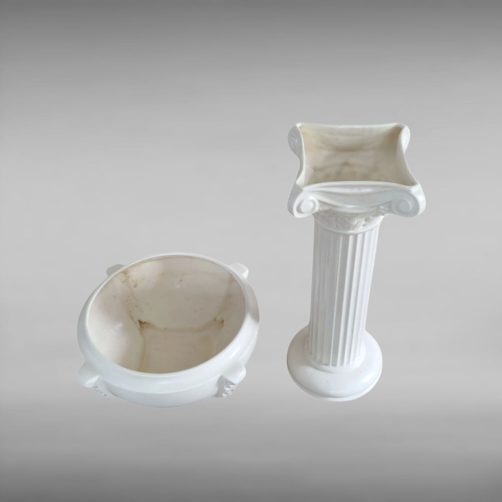 Vtg 60s Haeger Ivory Matte Glazed Ceramic Pottery Planter Bowl & Pedestal Set 