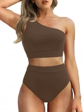 Brown Women One Shoulder High Waisted Bikini Med Two Piece Swimsuit Tummy Co...