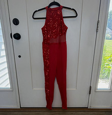 First Position Red Sequin Mesh Halter Catsuit One-Piece w/ matching sleeves