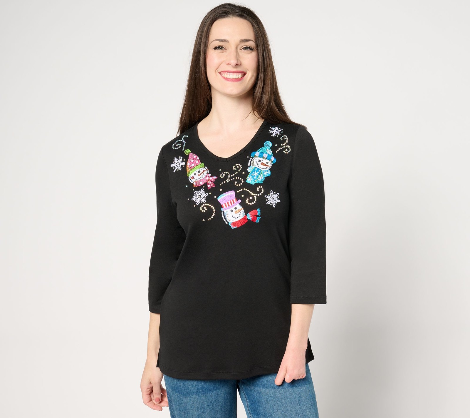 Quacker Factory Women's Top Sz M Holiday Trio Sleeve Black A671340