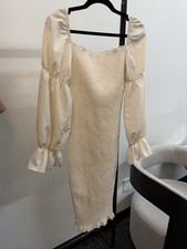 JAUS Beige White Gingham Smocked Puff Sleeve Square Neck Midi Dress Size S