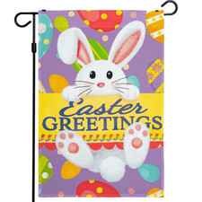 Easter Greetings with White Bunny Eggs Garden Flag 12x18 Inch Printed 150D Poly