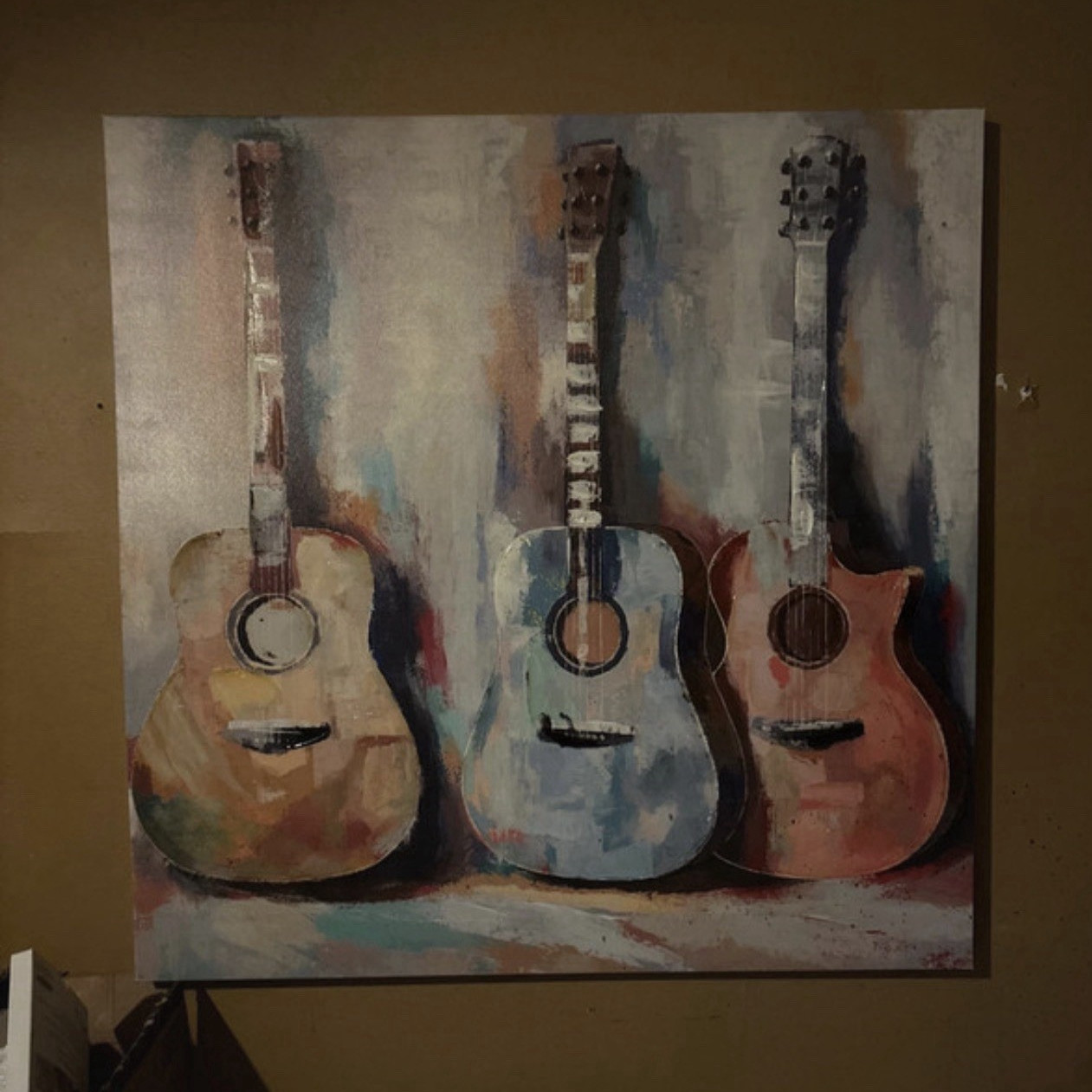 Abstract Contemporary Painting of Three Acoustic Guitars on Canvas, Unframed