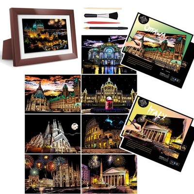 A4 Scratch Art Kit, Adults, Colorful City, Set 4, Tools, Painting, Craft