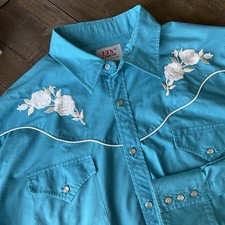 Ely Diamond Shirt Mens Large Blue Embroidered Rose Pearl Snap Western Cowboy 