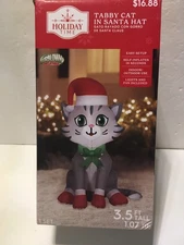 Holiday Time Tabby Cat In Santa Hat Inflatable Light Up 3.5 Ft Christmas New