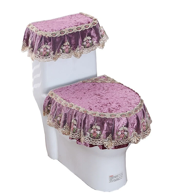 Juego de 3 fundas de asiento de inodoro lavables de terciopelo de encaje para tanque tapa almohadillas hogar↟ Foto 2 de 4