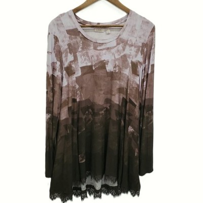 Womens M Brown Ombre Lace Hem Tunic Long Sleeve Boho Artsy Layering Top