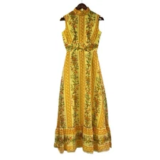 Beautiful Floral Yellow Vintage Maxi Dress Hi Neck Empire Waist