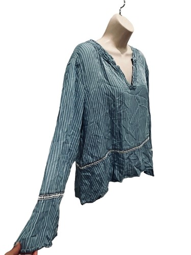 Love, Fire Womens XL Long Sleeve Blouse BlueWhite Stripe V-Neck - Picture 3 of 5