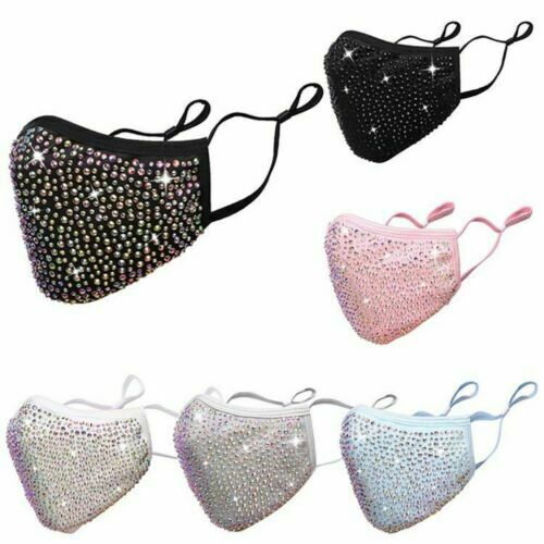 Rhinestone Bling Crystal Face Mask Sparkly Reusable Washable With Filter Pocket - Picture 4 of 35