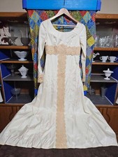 1960's Form Fitted Ivory Wedding Dress with Gold Lace Accents