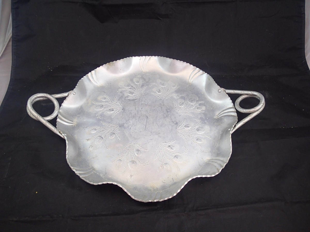 Farber & Shlevin 1752 Hand Hammered Folk Art Aluminum Tray Thistle