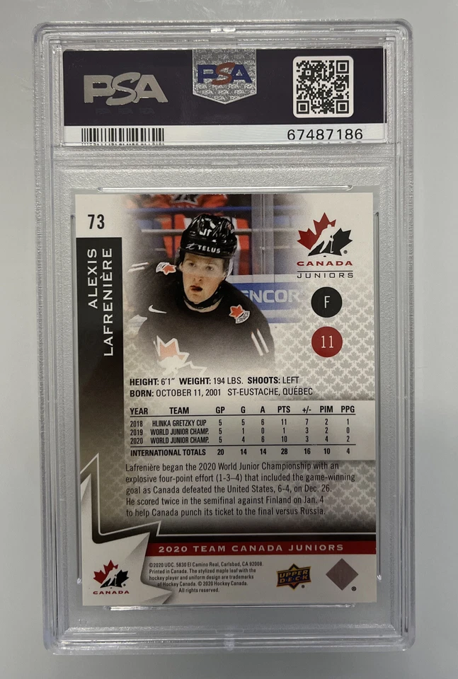 Alexis Lafreniere 2019-20 Upper Deck Team Canada Juniors #73 PSA 10 Gem Mint - Image 2 of 2