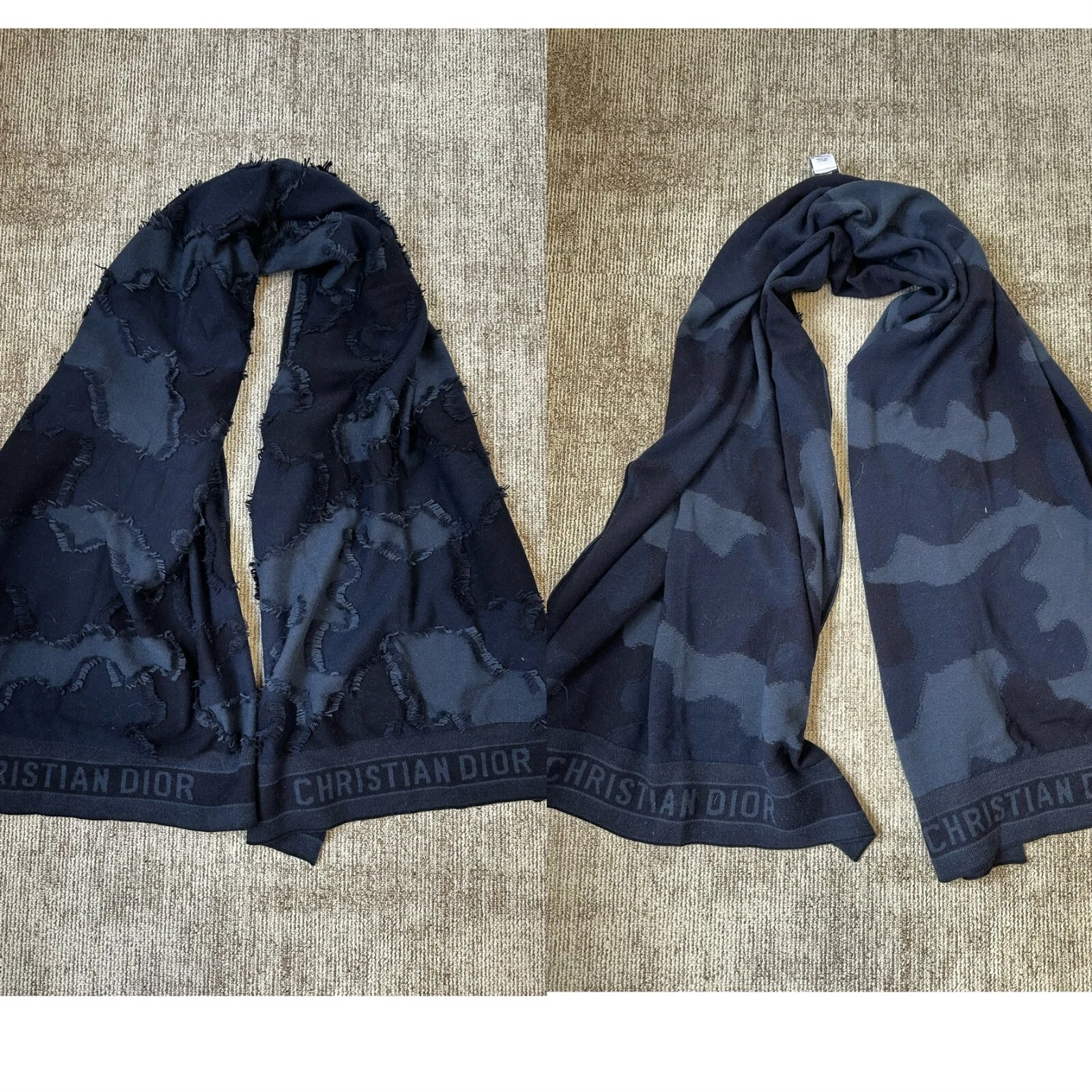 Echarpe Christian Dior logo réversible laine cachemire camouflage bleu