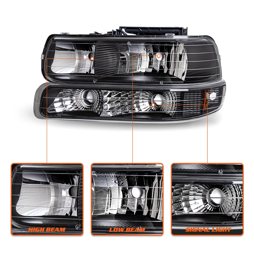 For 1999-2002 Chevy Silverado/00-06 Tahoe Suburban Black Headlights&Bumper Lamps - Image 4 of 4