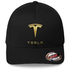 Tesla Motor Logo Black Hat Flexfit Baseball Cap Printed Emblem S/M & L/XL