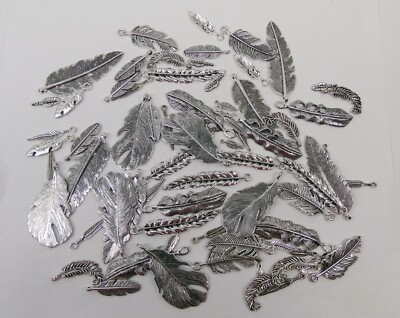 72 Metal Feather Charms Pendants w/ Loop ~ Antique Silver Mix of  Sizes + Shapes