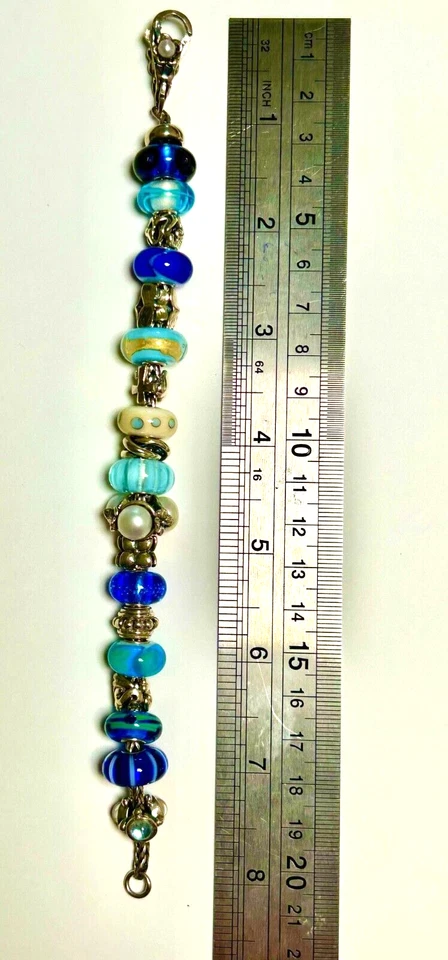Pulsera Trollbeads-1 9 Dijes Tono Azul, Plata 925, Cristal Italiano, Retirada Foto 3 de 3