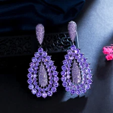Women Black Gold Plated Long Purple Cubic Zirconia Drop Earrings Wedding Jewelry