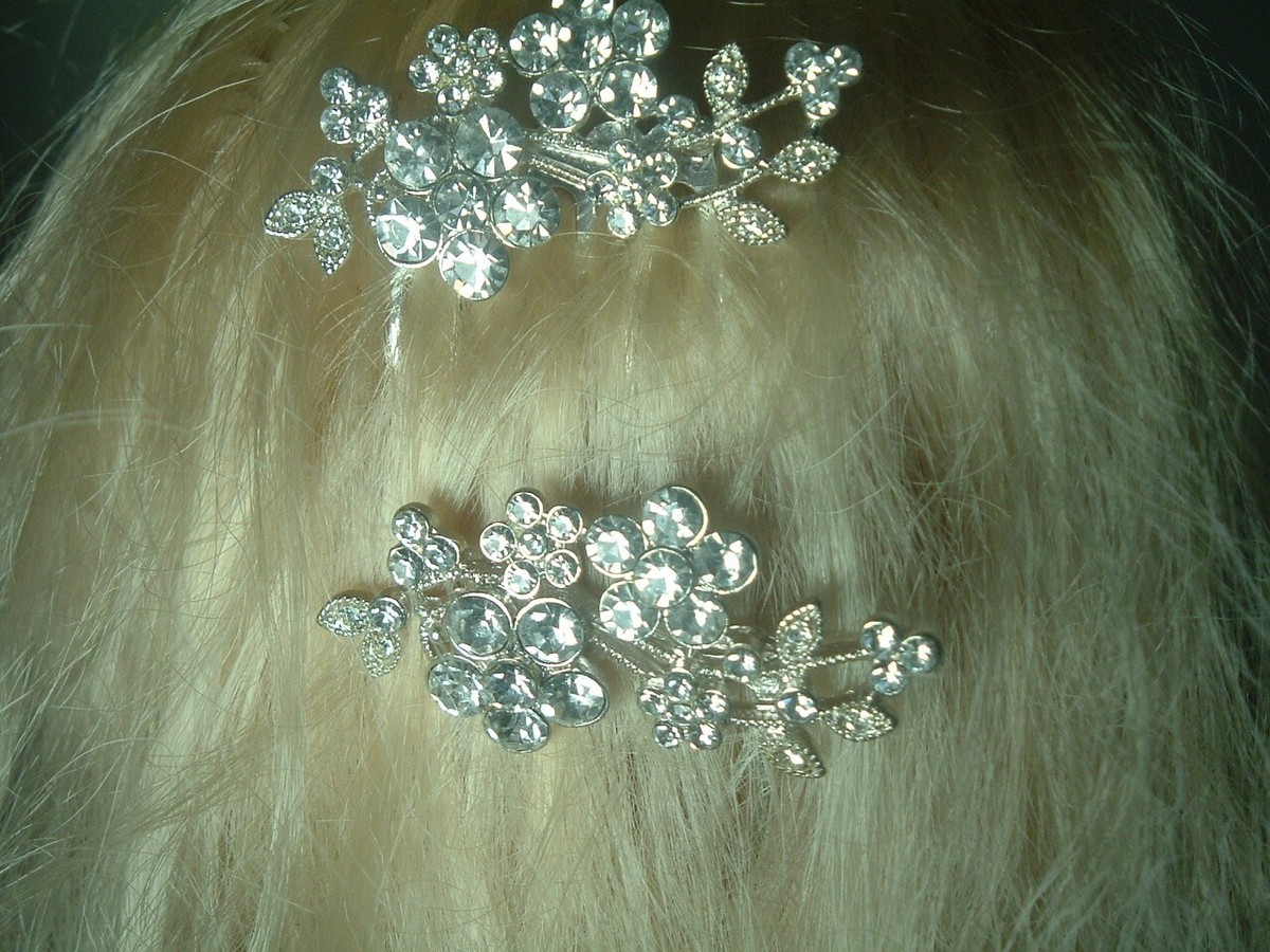 Pair White Rhinestone Dogwood Flowerl Slide Hair Combs in  display picture 2