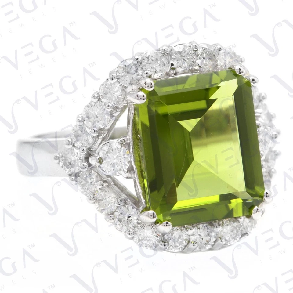 Anel de casamento folheado a ouro branco 18K corte esmeralda natural peridoto e diamante 6,10 quilates - Imagem 2 de 4
