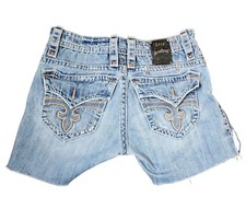 Rock Revival Distressed Frayed Cut Off Denim Shorts Womens Sze 32 Blue Destroyed
