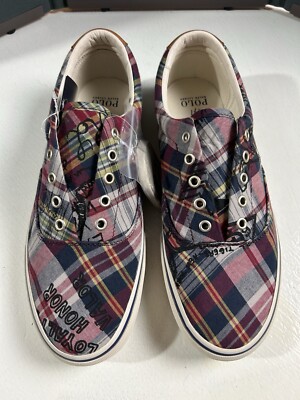 Polo Ralph Lauren Keaton Canvas LCL Pony Plaid Shoes PRL Size 9.5 NO LACES Polo Ralph Lauren Keaton LCL Plaid Pony Boat Sneaker Shoes  main image 4